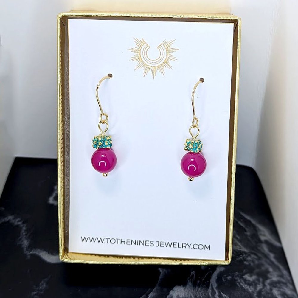 Gold Stainless Steel Fuchsia Hot Pink Quartz Gemstone Bead Drop Earrings